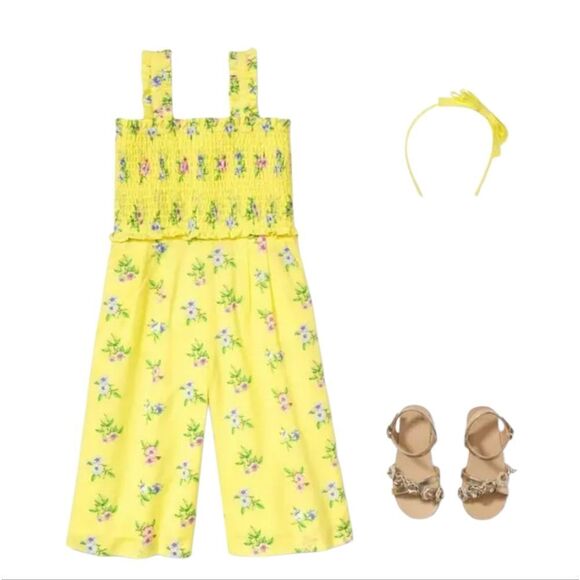 Janie and Jack Girls Lemon yellow floral print‎  Smocked Jumpsuit Toddler 2T - Picture 1 of 8